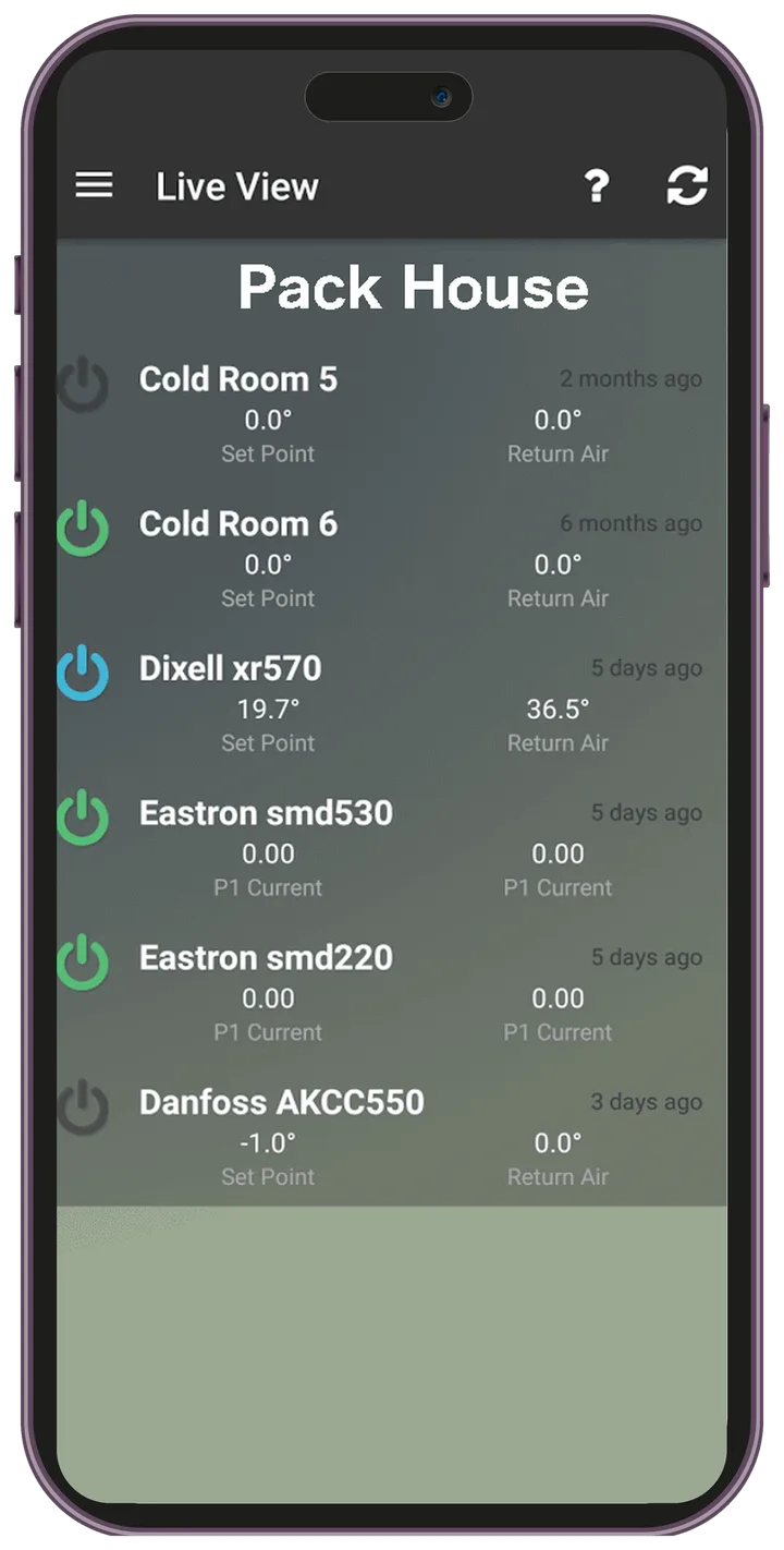 NanoTrack mobile app showing live cold room temperatures